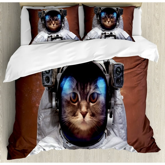 Ambesonne Space Cat Duvet Cover Set, Kitten in Milkyway, King, White and Pale Caramel