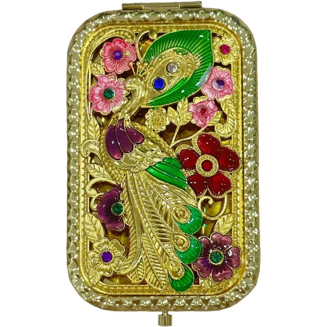 ZHU YU CHUN 1PC Vintage Peacock with Head Up Pattern Cosmetic Makeup Pocket Purse Magnification Jewel Mirror (Rectangle)