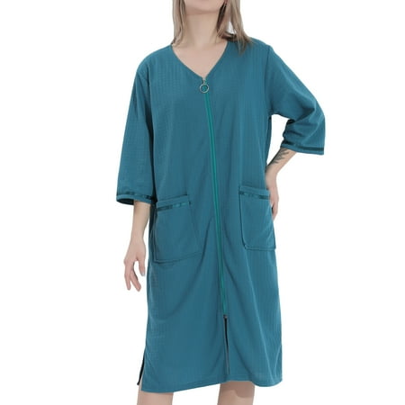 Defitshape Women s Waffle Robe Lightweight Zip Up Bathrobe Zipper Housecoat Duster Robe Casual House Coat Nightgown 3/4 Sleeve Housedress Side Split Pockets Green Small