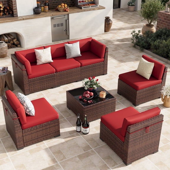 POTEBAN Patio Furniture Set, 7-Piece Outdoor Sectional All-Weather Wicker Patio Conversation Set for Backyard (Wine Red Cushions with Brown Rattan)