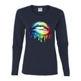 thumbnail image 2 of Wild Bobby, Colorful Neon Rainbow Biting Lips, Pop Culture, Women Graphic Long Sleeve Tee, Navy, Medium, 2 of 3