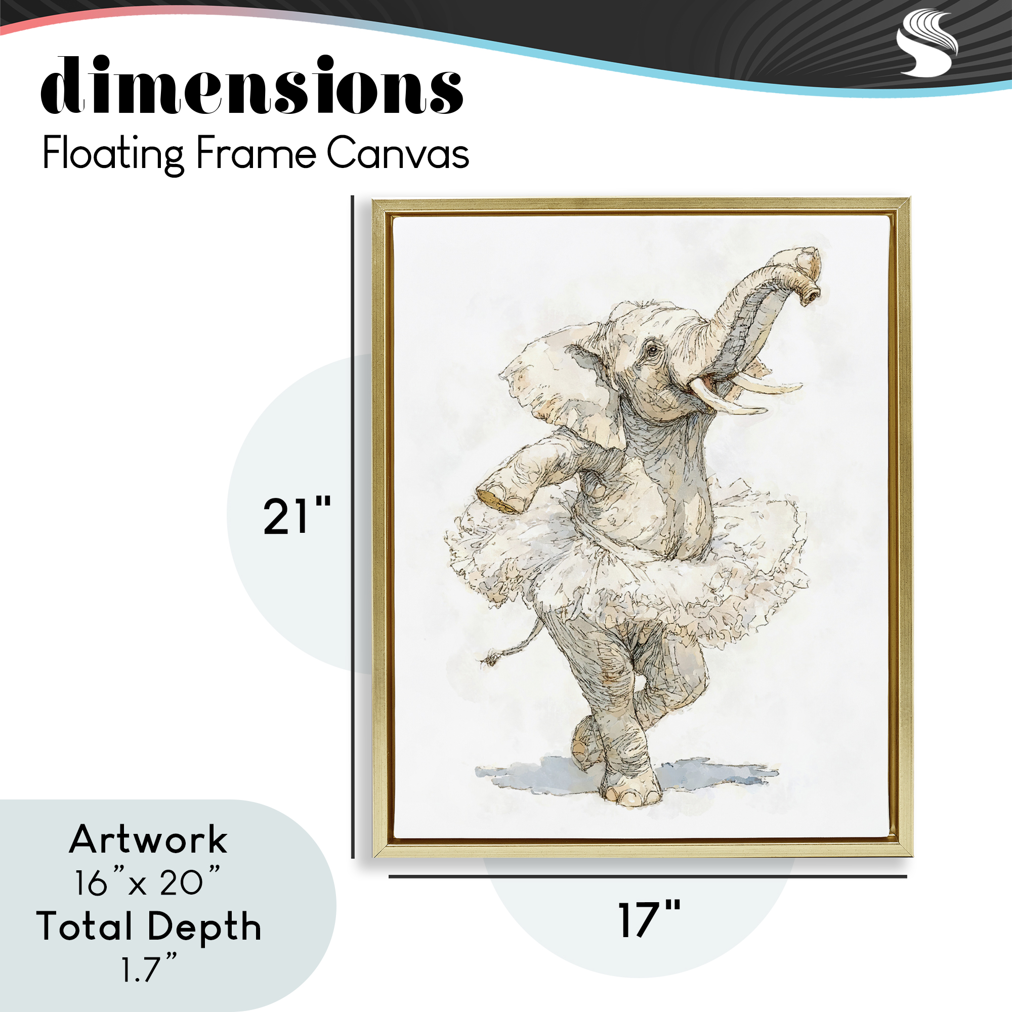 Ballet Elephant Tutu Gold Framed Floater Canvas Wall Art, design by Ziwei Li