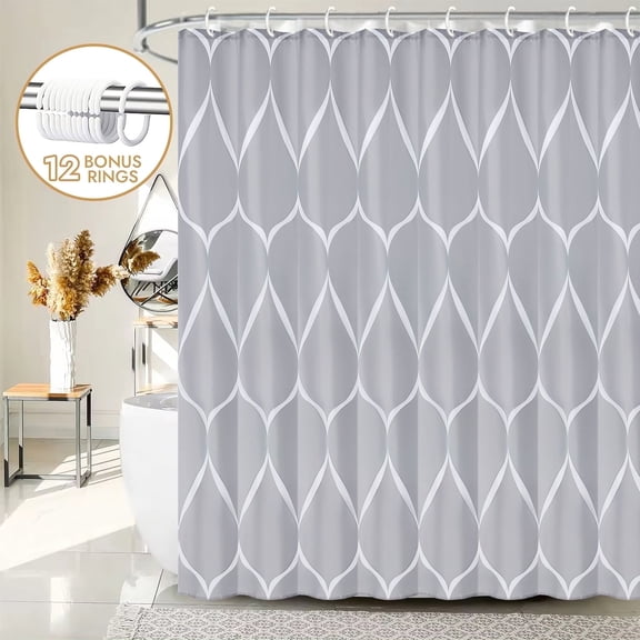 Bevtee Gray Wavy Print Shower Curtain with Hooks, 72x72 Inch