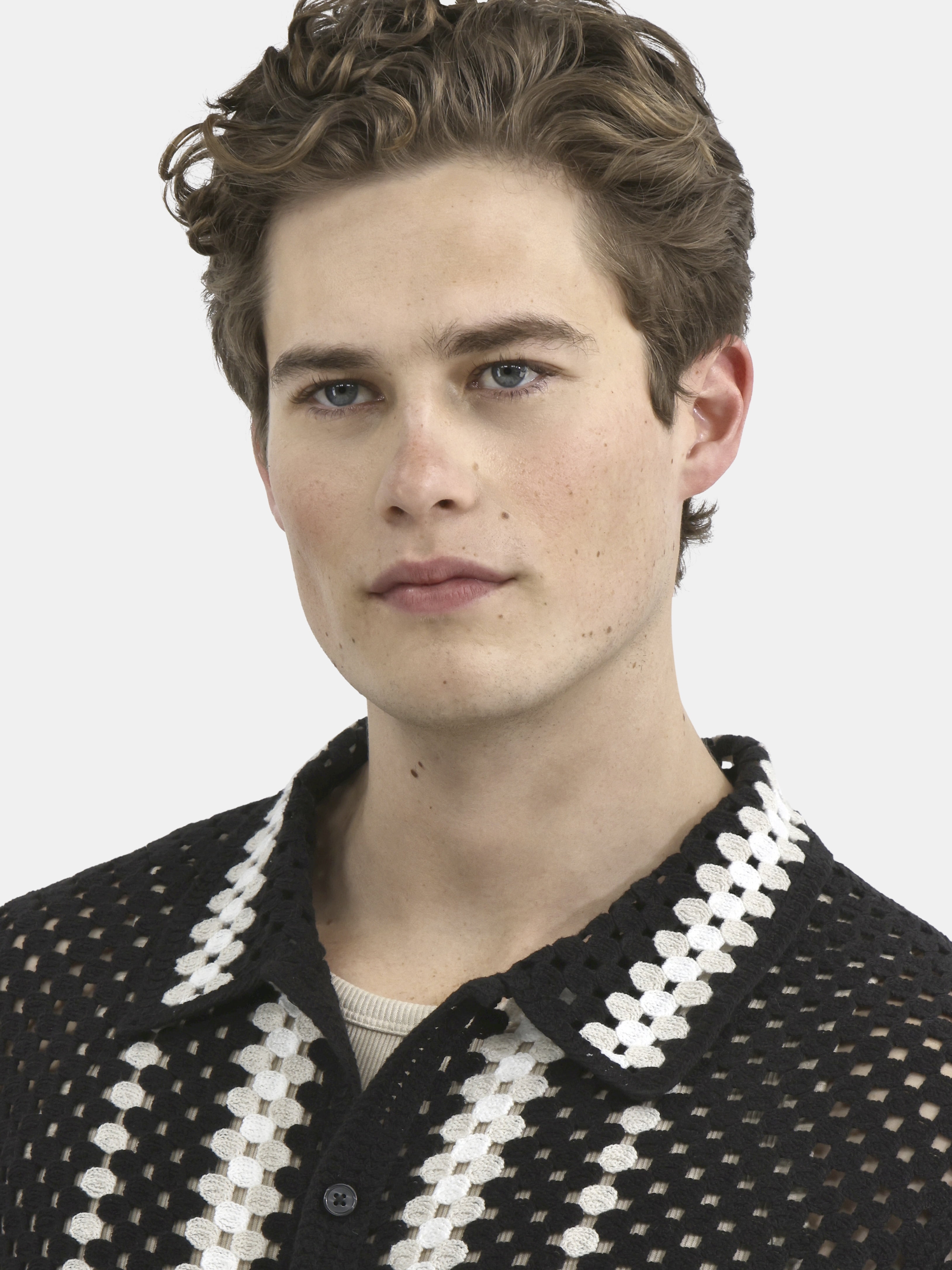 No Boundaries Faux Crochet Button-Up Polo Shirt, Men's and Big