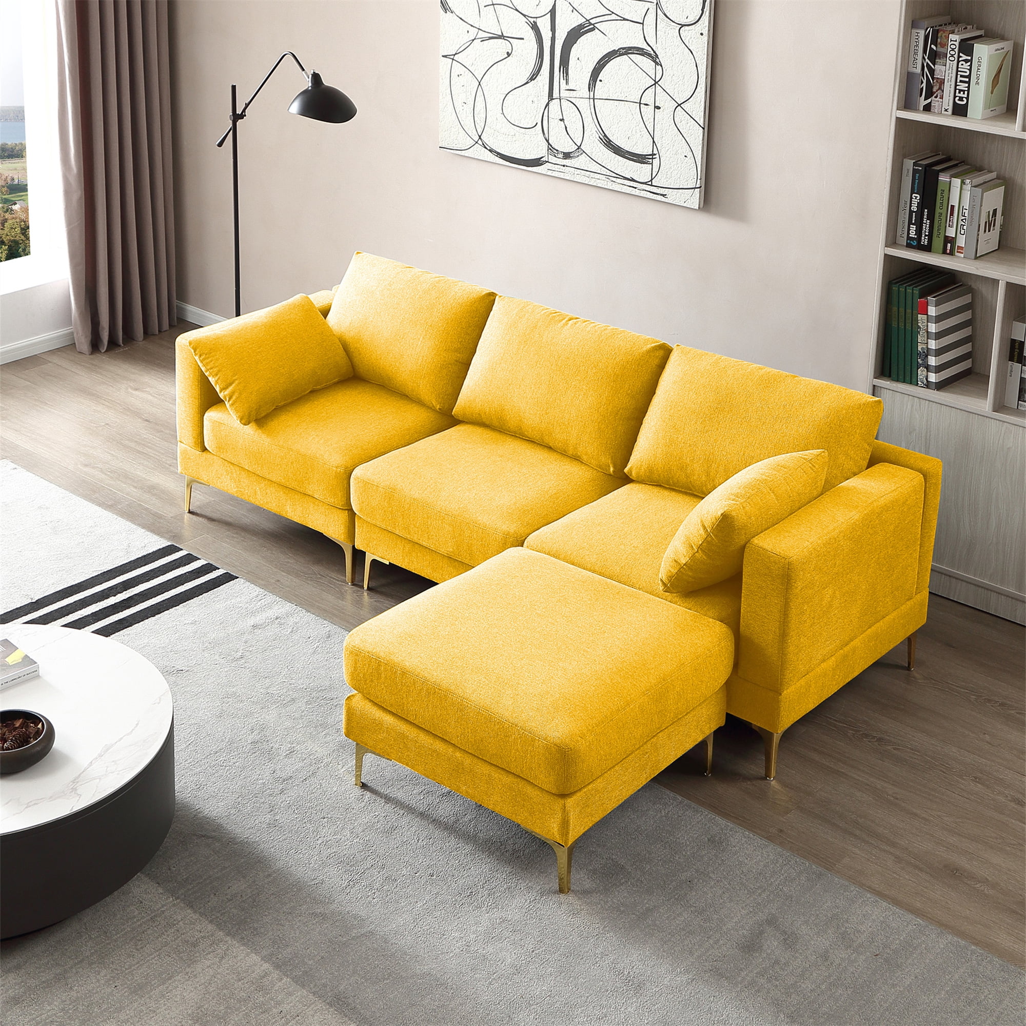 Aukfa 3-piece Modular Sectional Sofa, Loveseat, Chair, Ottoman, L shape Couch for Living Room, Yellow