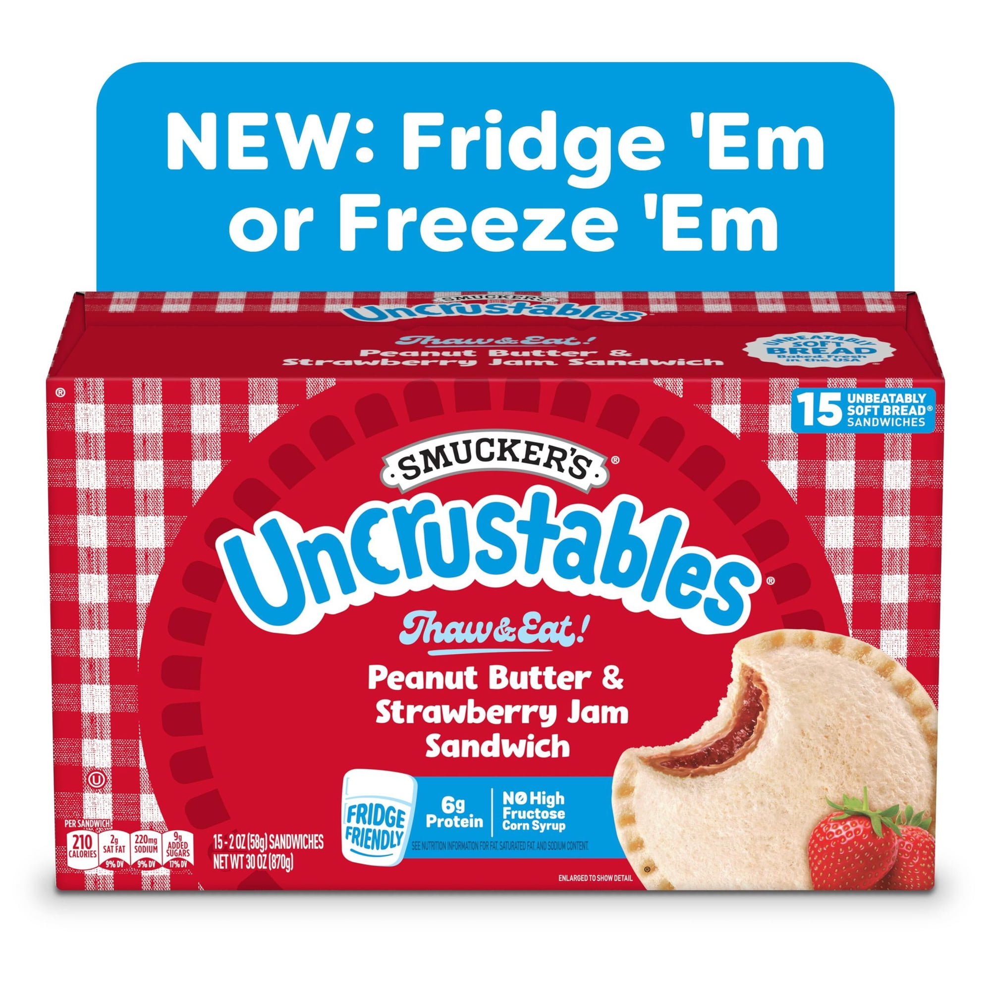 Smucker’s Uncrustables Peanut Butter & Strawberry Jam Sandwiches, 15 Count, 2 oz Each, Frozen