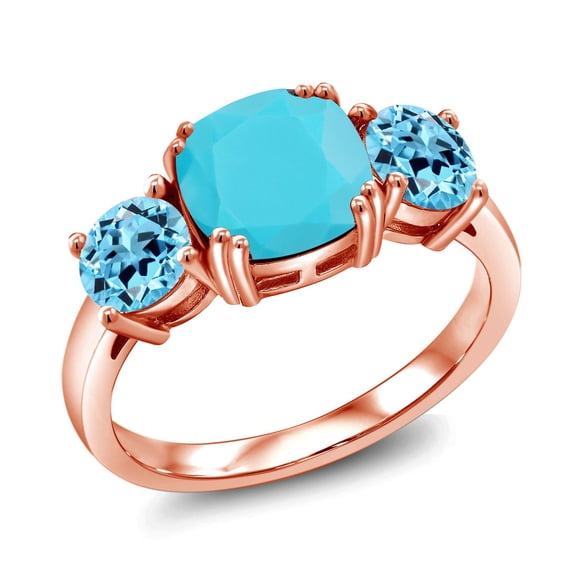 Gem Stone King 18K Rose Gold Plated Silver Green Turquoise and Swiss Blue Topaz 3 Stone Engagement Ring for Women (3.30 Cttw, Gemstone, Cushion 8MM, Size 6)