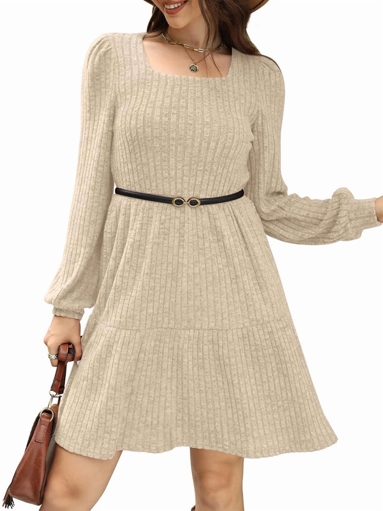 Womens Square Neck Long Sleeve Fall Dresses Casual Babydoll Sweater Dress S