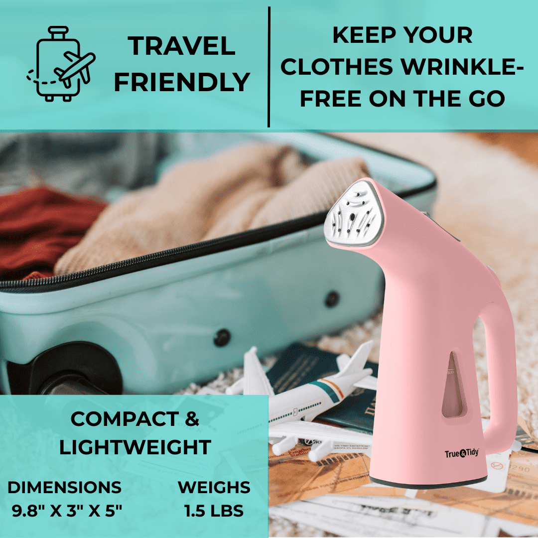 True & Tidy Portable Vertical Fabric Steamer for Home and Travel, Pink