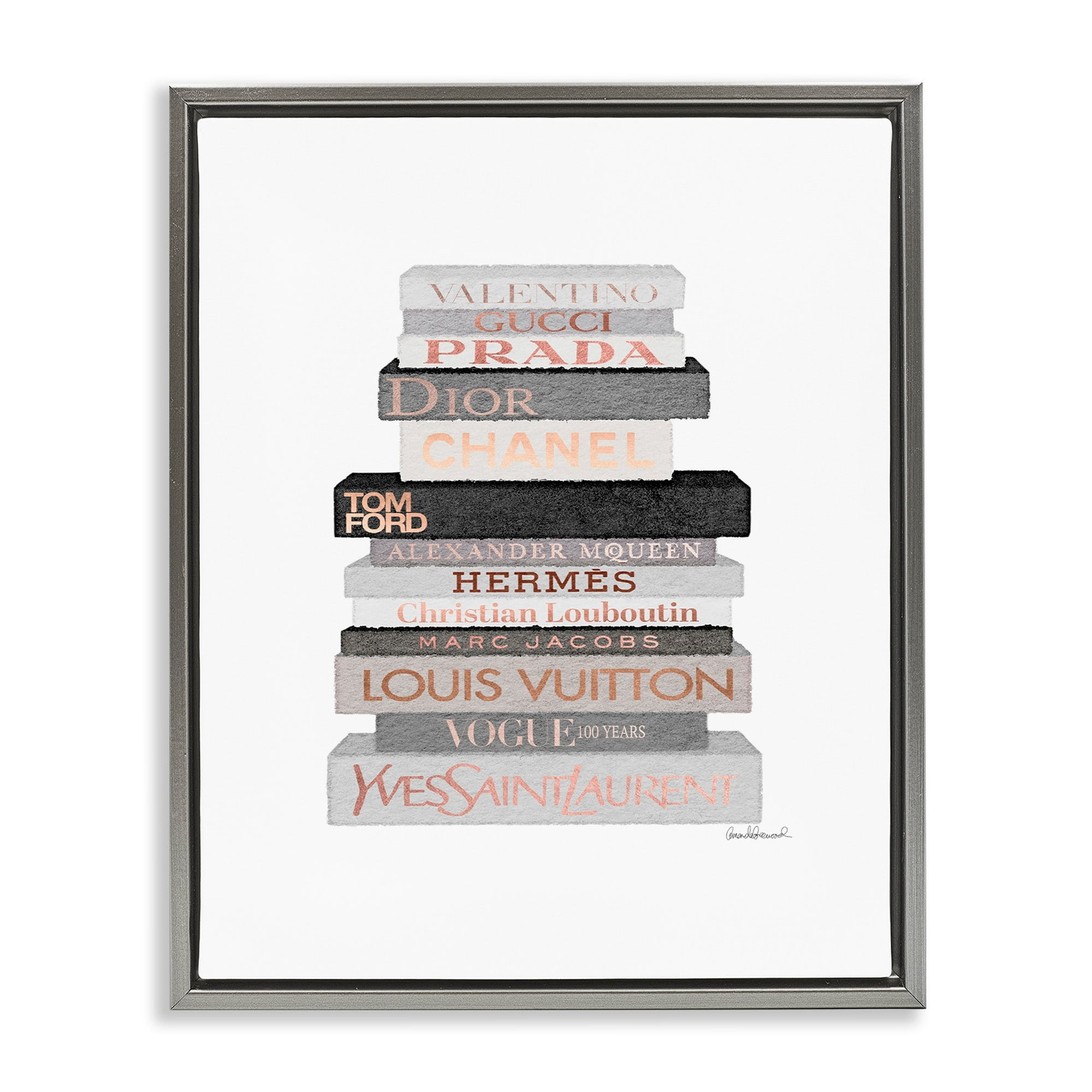 Stupell Industries Neutral Grey and Rose Gold Fashion Bookstack Luster Gray Framed Floating Canvas Wall Art, 16x20, by Amanda Greenwood