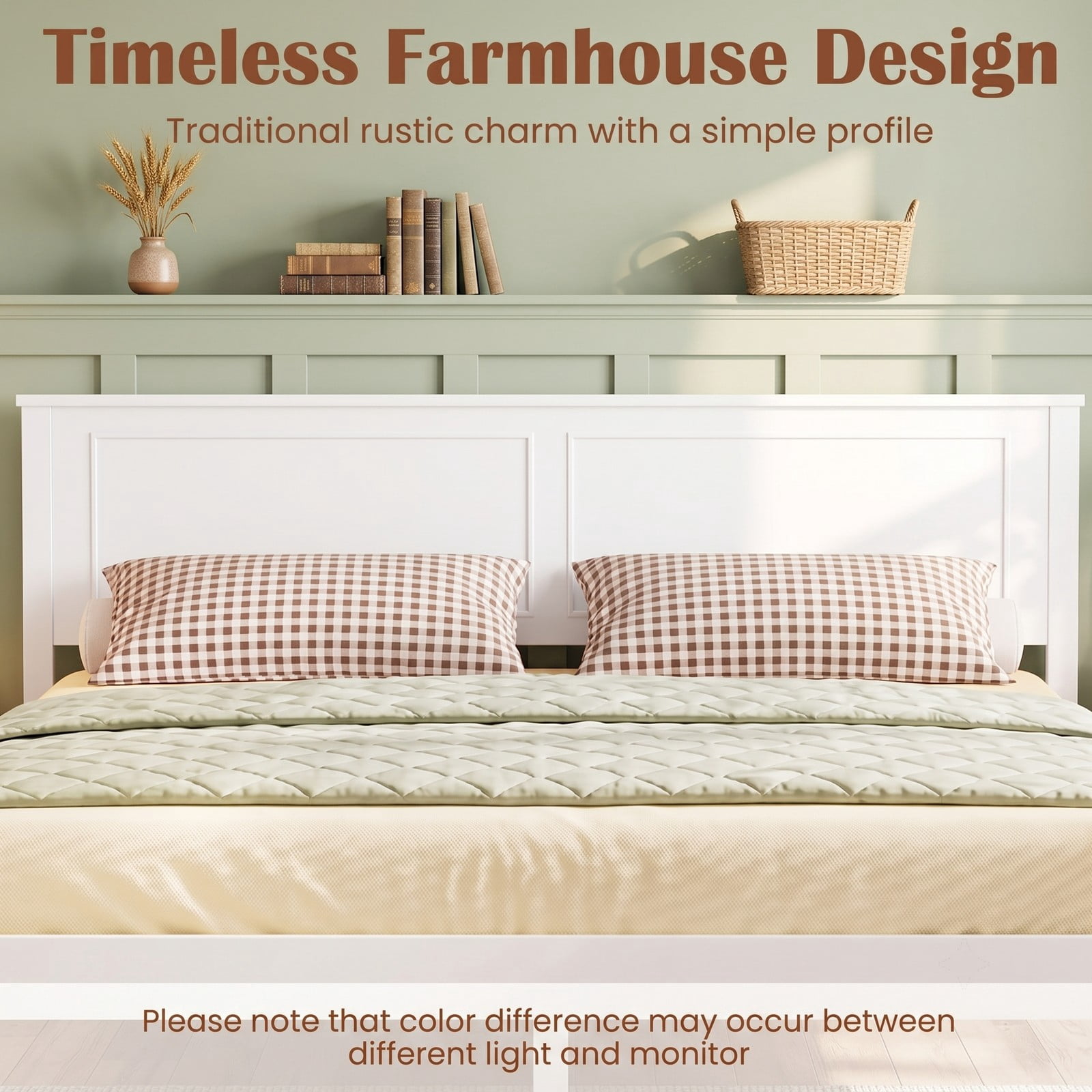 Furnibear Queen Size Farmhouse Wood Bed Frame Platform Bed with Paneled Headboard and Under Bed Storage for Bedroom Guest Room, White