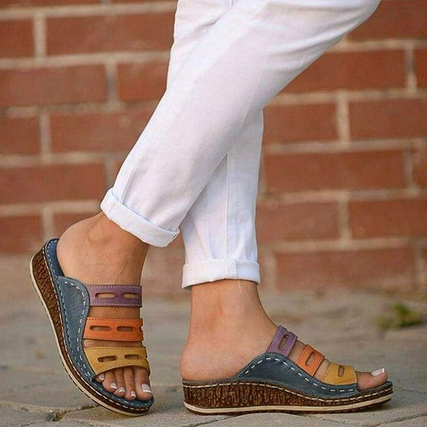 Women Chic Three-Color Stitching Sandals, Summer Ladies Wedge Sandals Low  Heel Slipper Footwear Peep-Toe Shoes