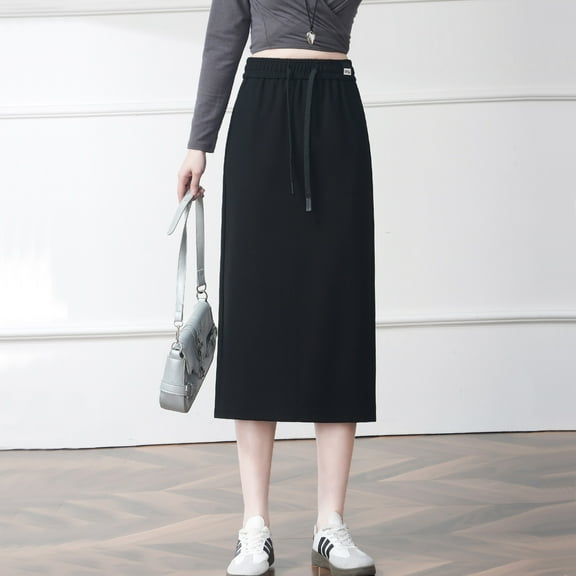 Spring summer mid-length skirt stretch rope elastic waist long skirt after black casual slit slim-fit wrap hip skirt pencil skirt