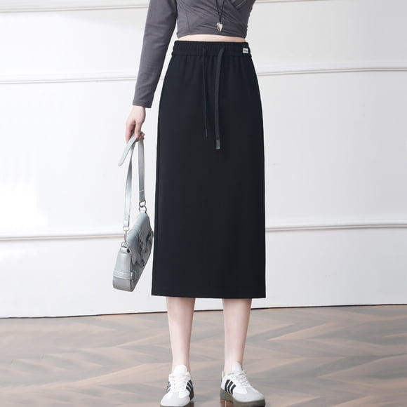 Falda de Primavera Verano de Largo Medio con Cuerda Elástica, Cintura Elástica, Falda Larga, Después de Negro, casual, con Abertura, Entallada, Envolvente, Falda de Cadera, Falda Lápiz