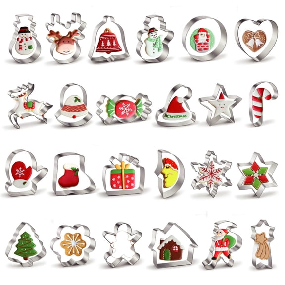 Clearance Under $8 Christmas Cookie Cutters Set – 24-Piece Stainless Steel Baking Molds with Santa, Tree, Snowflake & More Festive Shapes for Holiday Cookies & Fondant