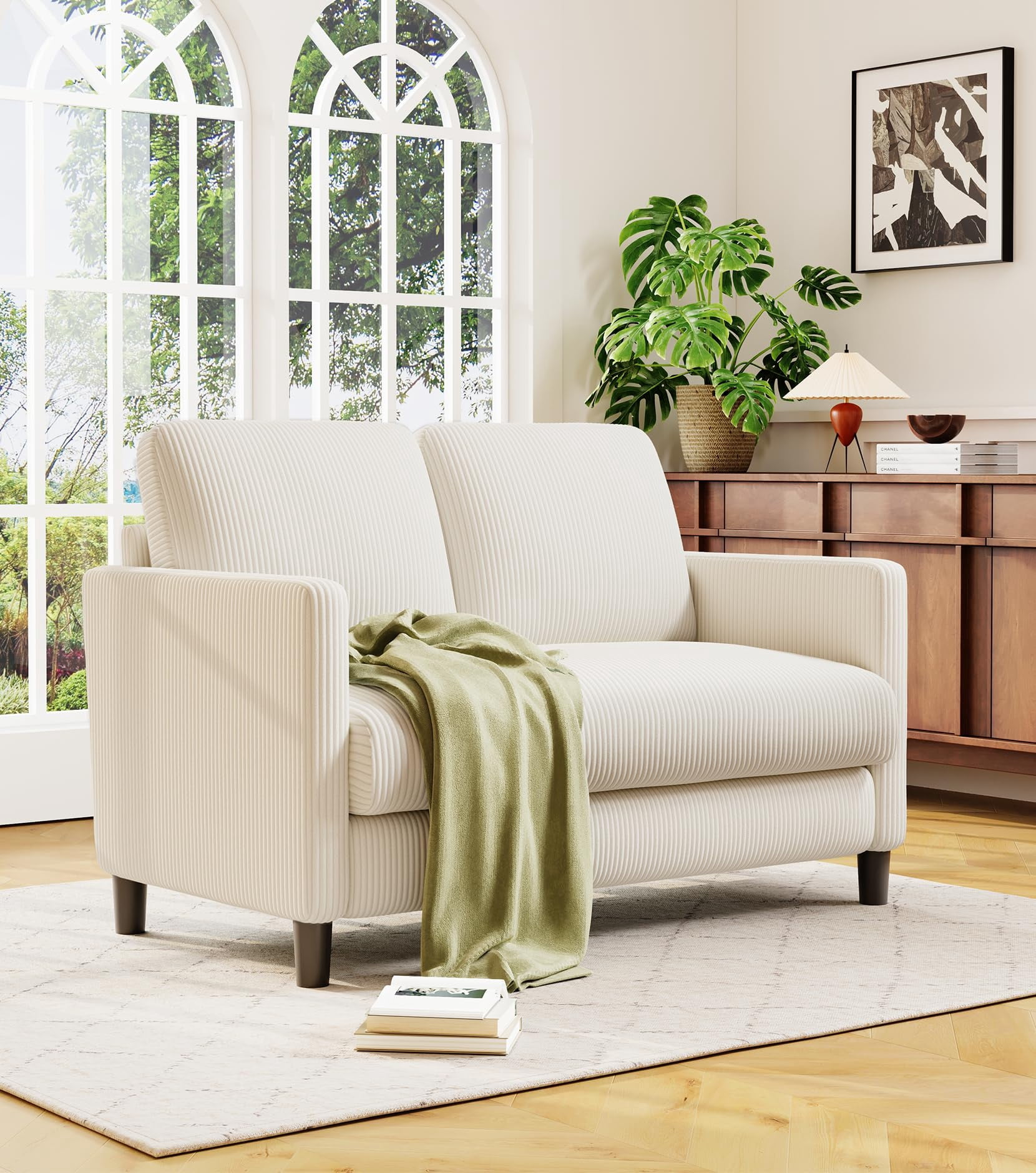 Welzona 51" Corduroy Loveseat Sofa, Small 2-Seater Couch for Small Spaces, Tool-Free Assembly, Off White