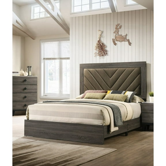 Queen Size Bed Bedroom Set - Upholstered Headboard, Rubberwood, Gray Rustic Finish