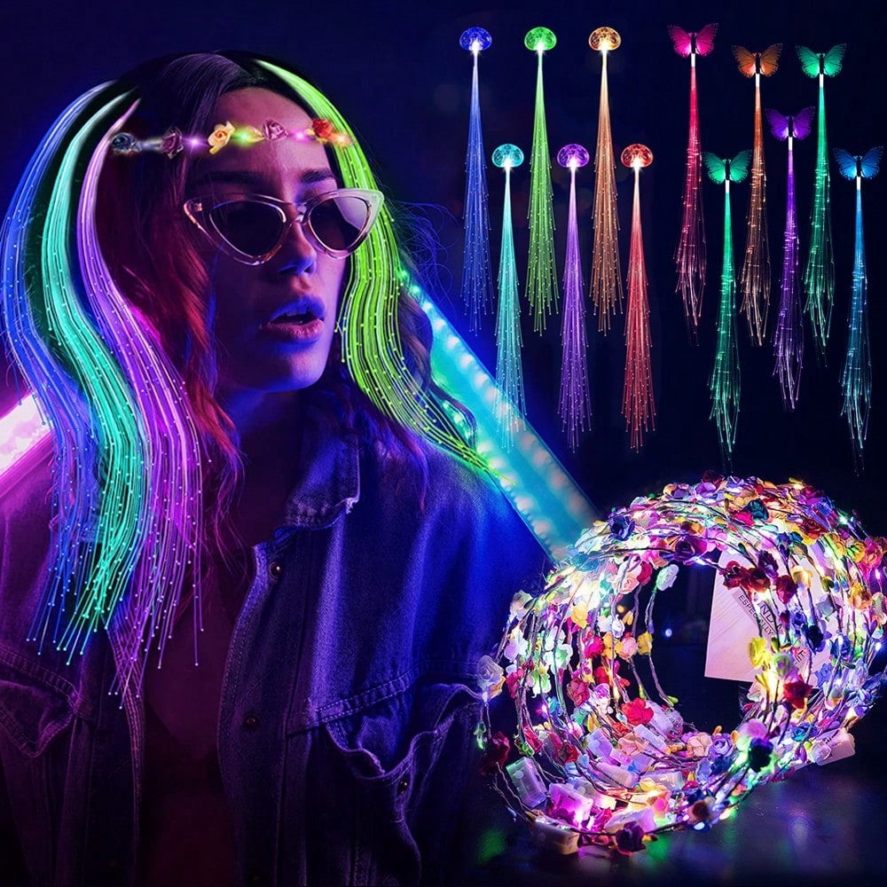 36pcs light-up headwear (12* light-up headbands, 12* transparent light-up braids, 12* light-up butterfly braids) suitable for parties, weddings, birthdays, photography, camping trips, and concerts