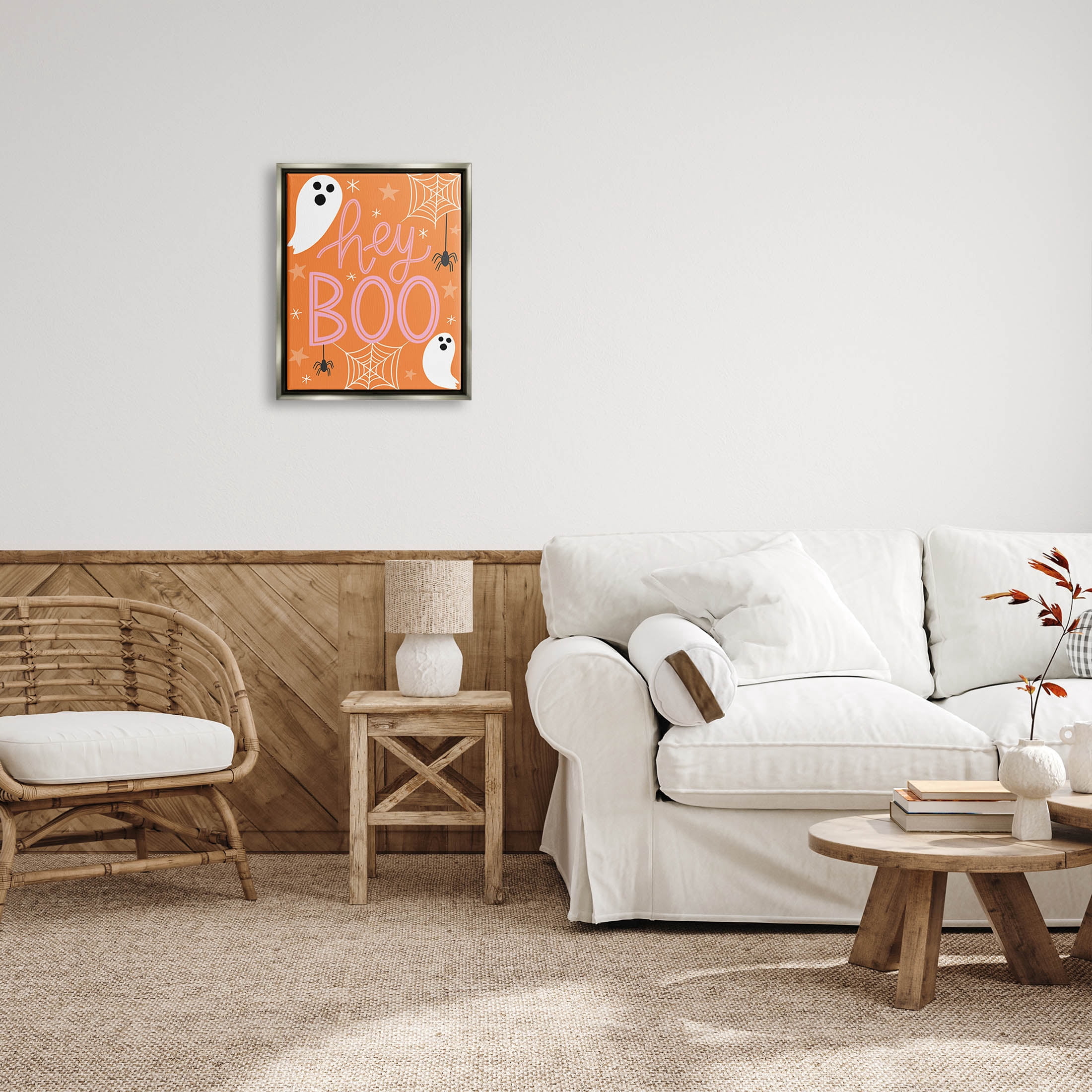 Hey Boo Orange Halloween Ghosts Holiday Graphic Art Luster Gray Framed Art Print Wall Art