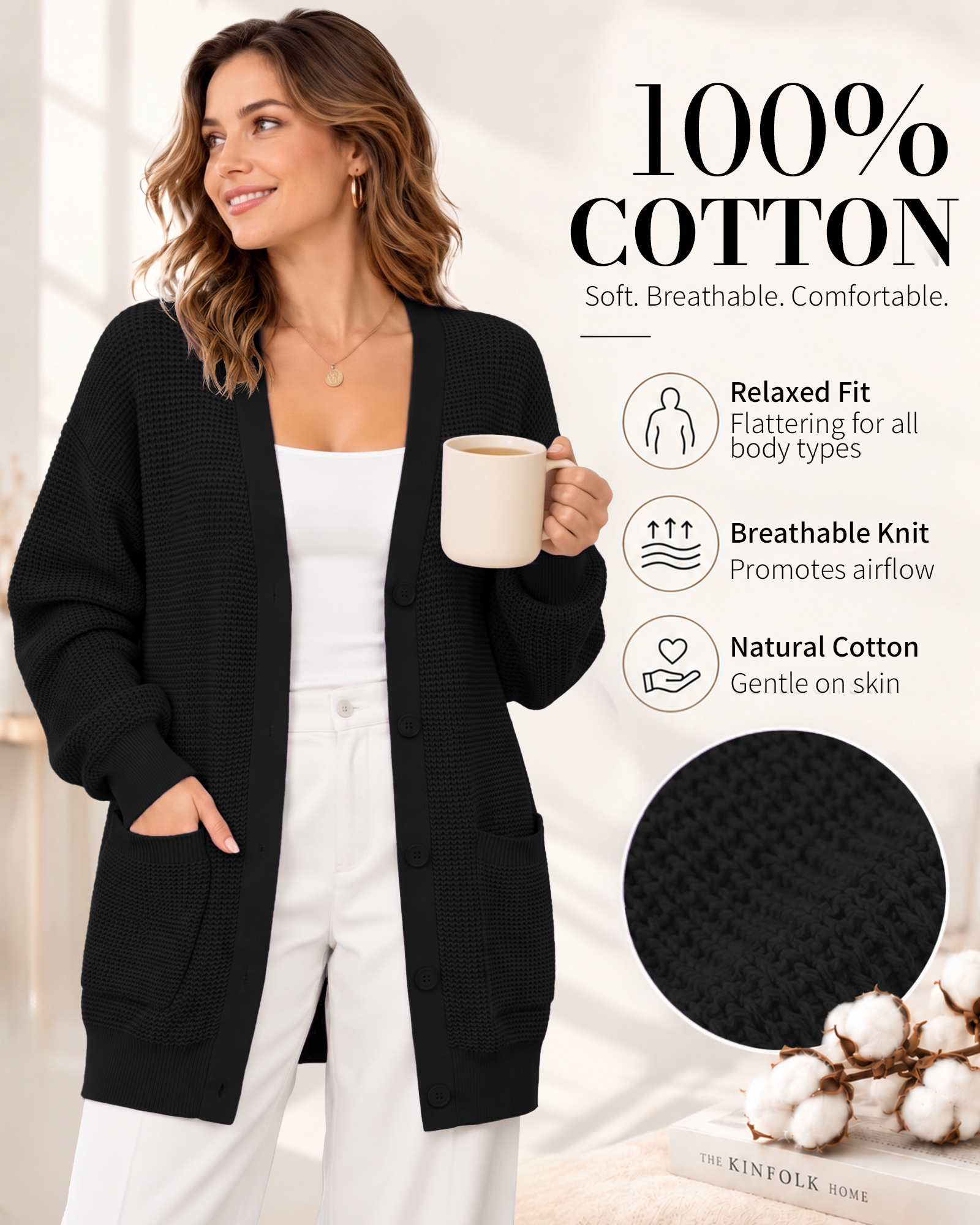 QUALFORT Women's 100% Cotton Oversized Cardigan with Pockets photo 2