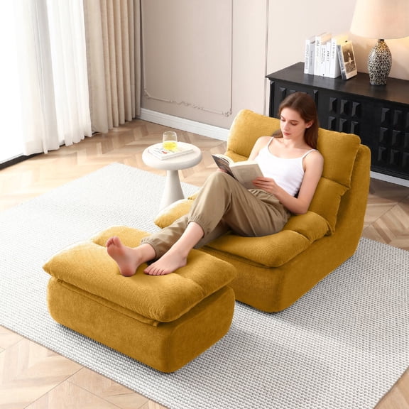 32" Bean Bag Chair with Ottoman, Big Corduroy Chaise Lounge Chairs for Adults, Tufted Upholstered Lazy Sofa Couch for Living Room, Balcony, Apartment, No Assembly Required, Yellow
