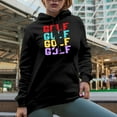 thumbnail image 2 of Distressed Golf Words with Different Colors & a Swinging Golf Player, Golfing or Golfer Themed Merch Gift, Black Hooded Sweatshirt or Hoodie, X-Large, 2 of 5