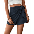 thumbnail image 2 of Women'S Summer Mini Wrap Shorts Knot High Waist Belted Skorts Zipper Casual Loose Skirt Navy Blue L, 2 of 7