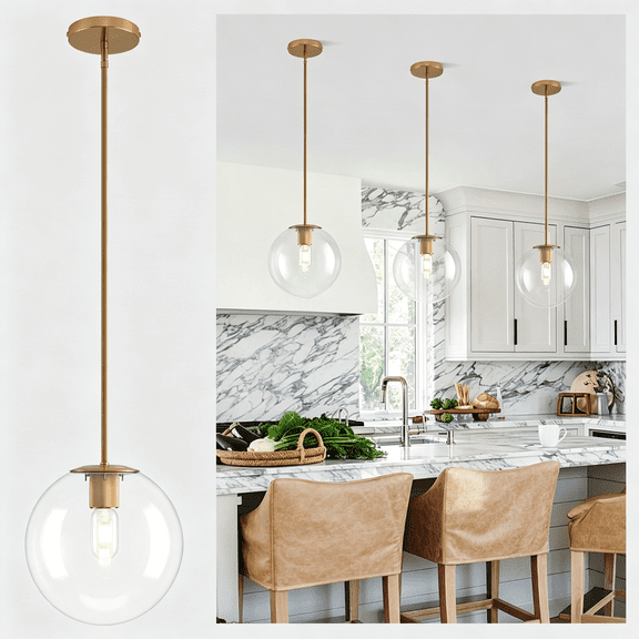 HIBIBUD 10In Globe Glass Pendant Light,Mid Century Modern Pendant Lights Kitchen Island,Brass Fininsh Hanging Light Fixture for Dining Room over Table Sink Hallway,Gold&Clear 1 Pack