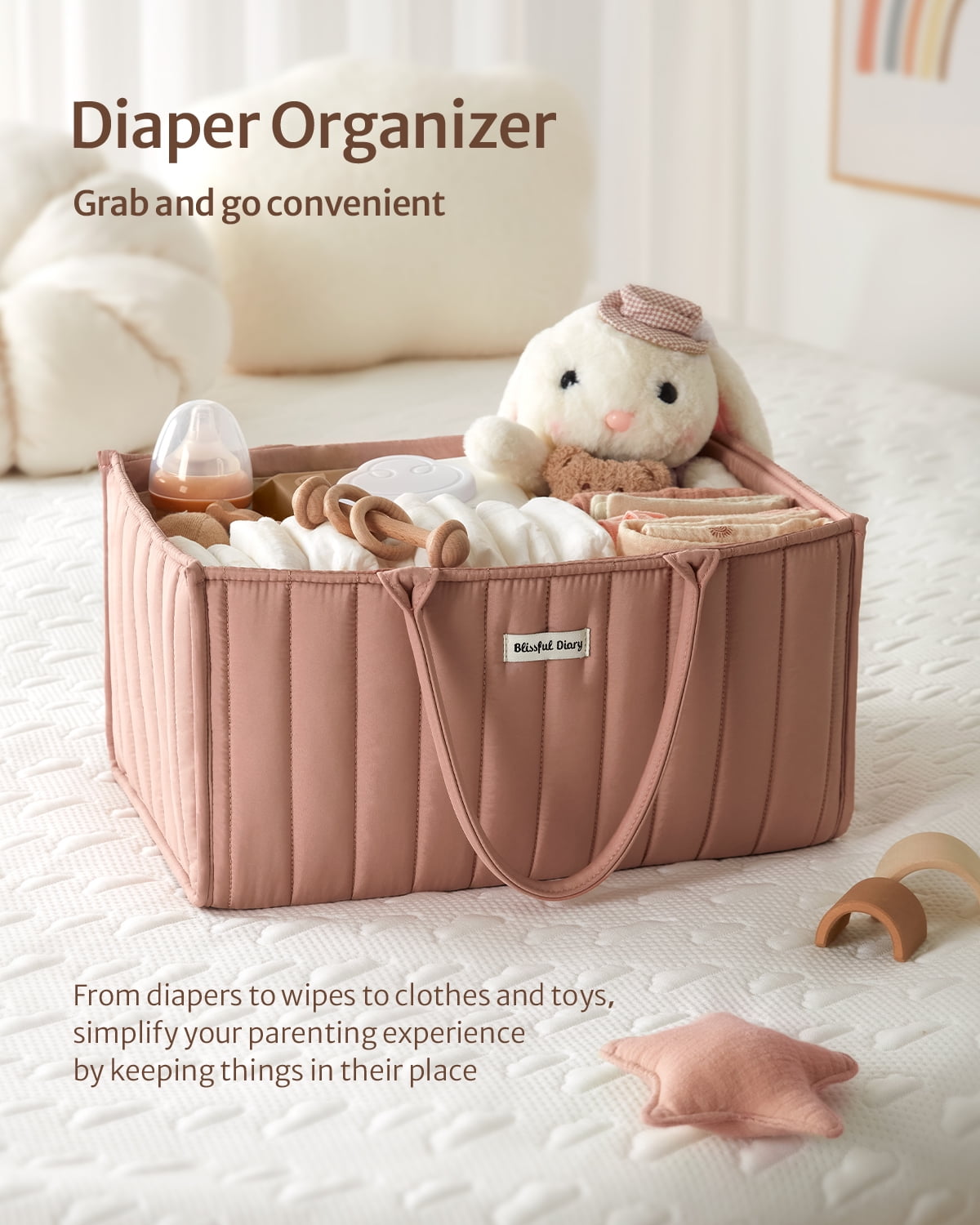 Blissful Diary Diaper Caddy Organizer,Baby Baskets for Baby Shower, Portable Nursery Changing Table Organizer, Diaper Bag, Infant Newborn Essentials Gift, Baby Registry Must Have, Dusty Rose