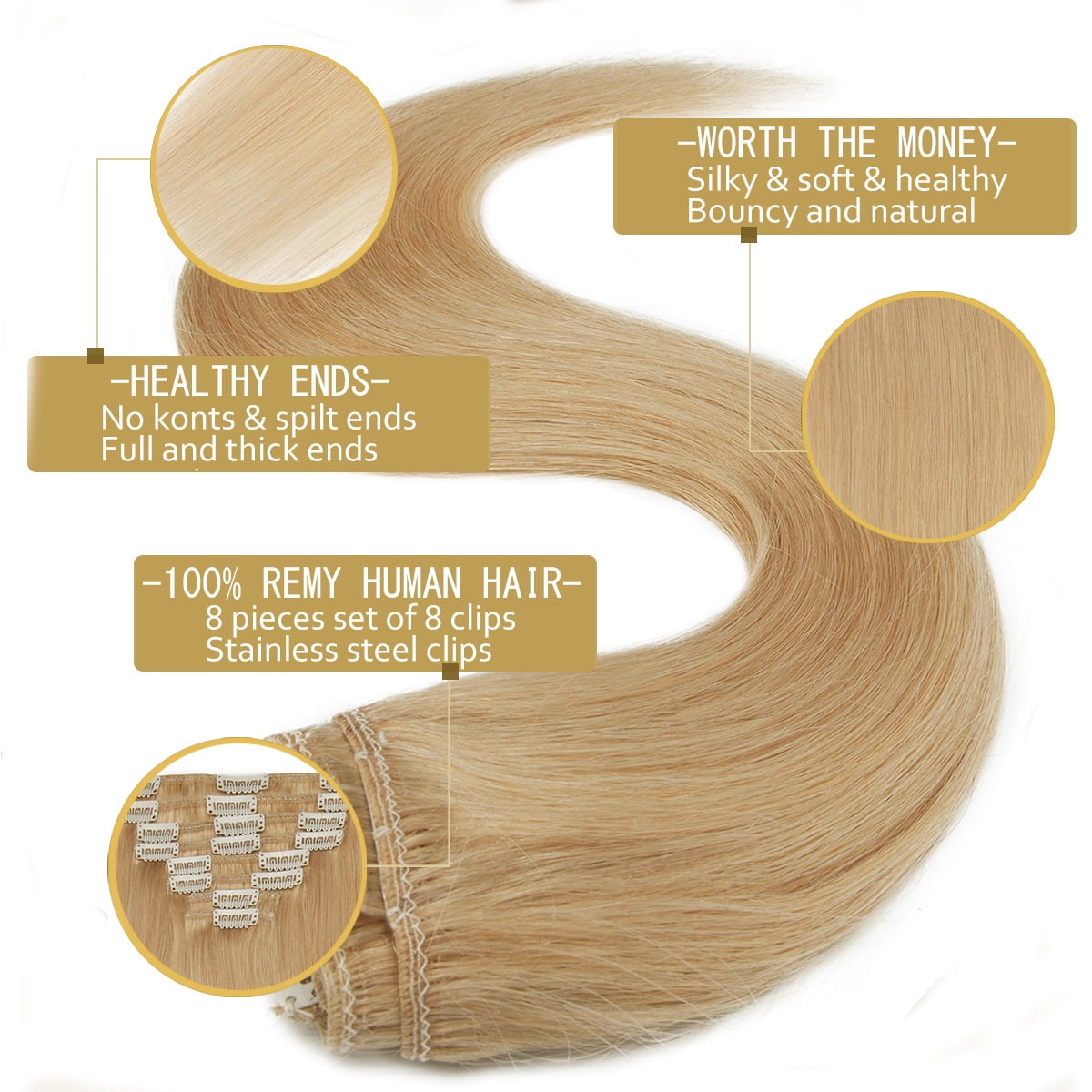SEGO Clip in Hair Extensions 100% Real Remy Human Hair Full Head Straight Balayage Hair 8-24 inch