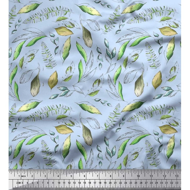 Soimoi Blue Cotton Voile Fabric Artistic Leaves Print Fabric by Yard 42 Inch Wide