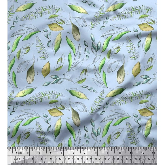 Soimoi Blue Poly Georgette Fabric Artistic Leaves Printed Craft Fabric by the Yard 42 Inch Wide