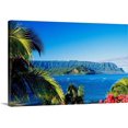 thumbnail image 1 of Cuadro decorativo lienzo paisaje hawaiano montañas verdes mar azul palmeras flores rosadas cielo despejado, arte tropical paradisíaco, decoración panorámica para sala, dormitorio y baño, 1 of 7