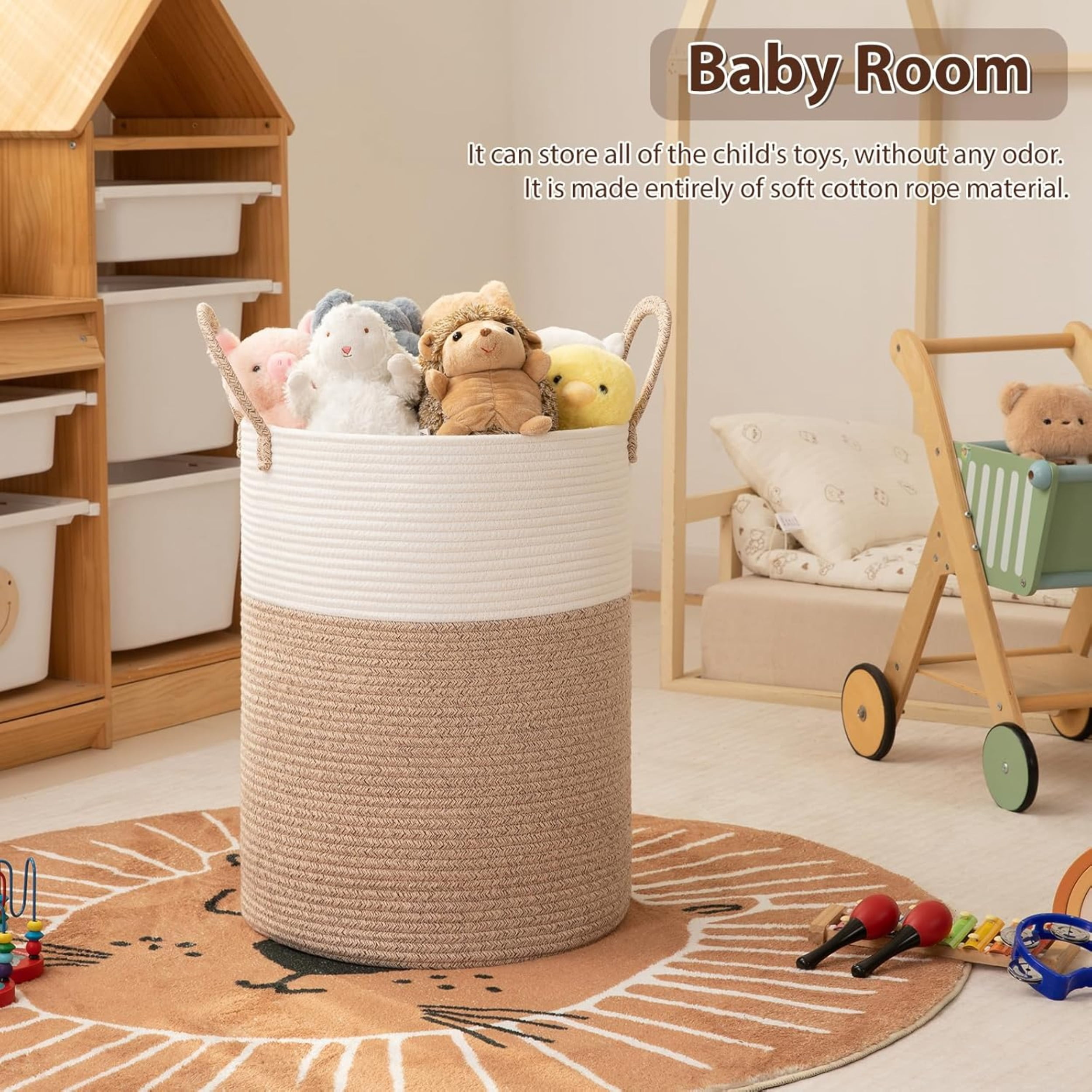 Laundry Basket, Woven Cotton Rope Laundry Hamper for Decor Storage of Dirty ClothesToys and Blankets in Bathroom, Baby Room and Living Room