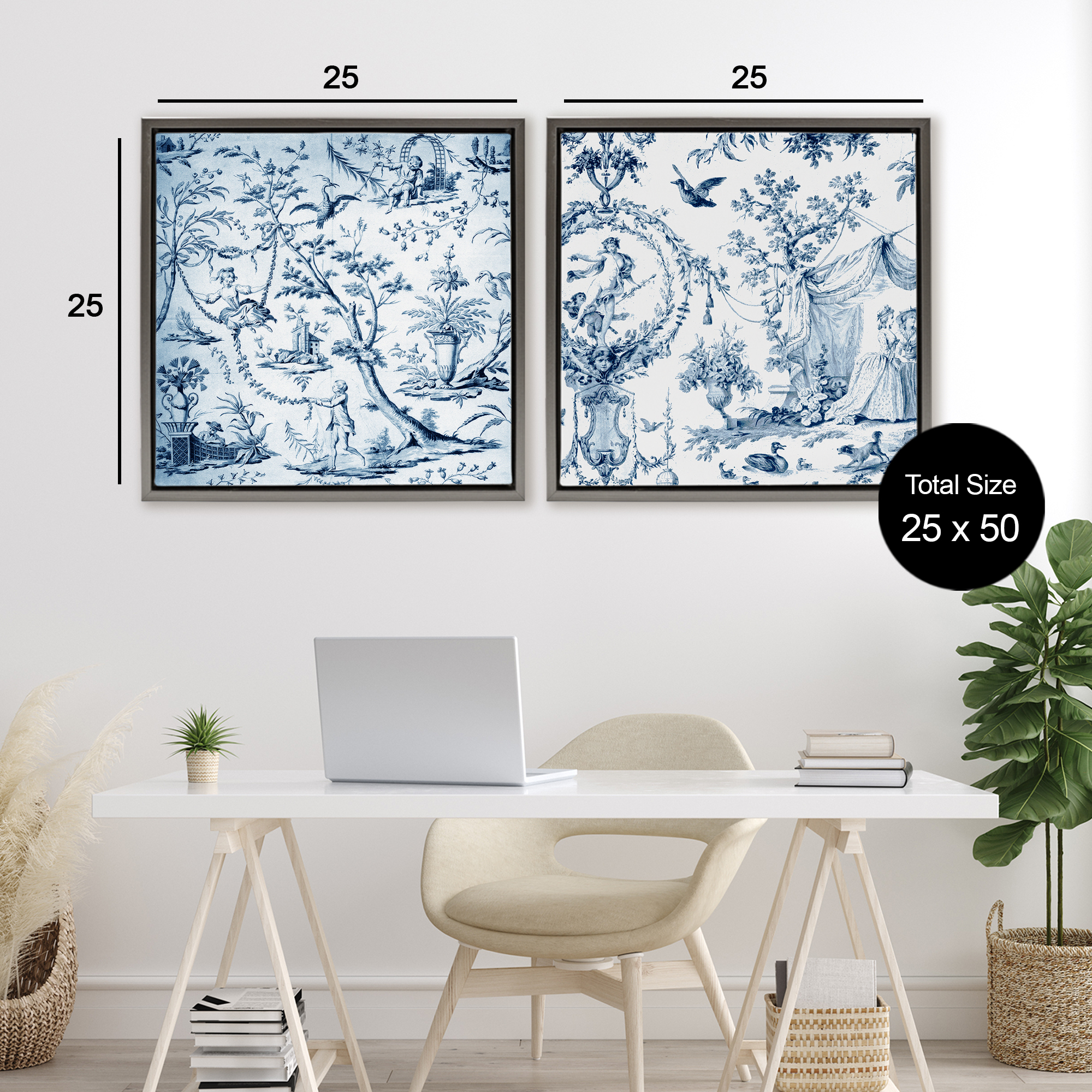 Intricate Toile Scenery 2 Piece Gray Framed Floater Canvas Set, design by Vintage Hustle