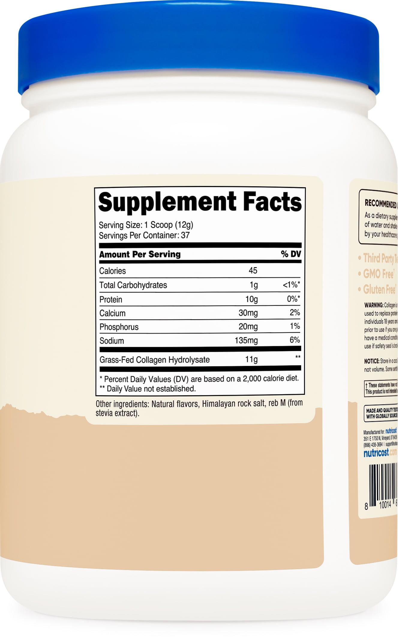 Nutricost Grass-Fed Collagen Powder 1LB (Vanilla) - Non-GMO, Gluten Free Supplement