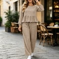 thumbnail image 2 of DYTTDG Women's Plaid Print 2-Piece Outfit Set | Long-Sleeve Crew-Neck Ruffle-Hem Top & Elastic Drawstring-Waist Pocket Wide-Leg Pants for Daily Casual Wear, 2 of 8