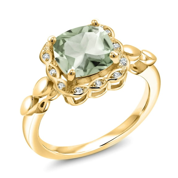Gem Stone King 2.15 Ct Green Prasiolite White Created Sapphire 18K Yellow Gold Plated Silver Ring