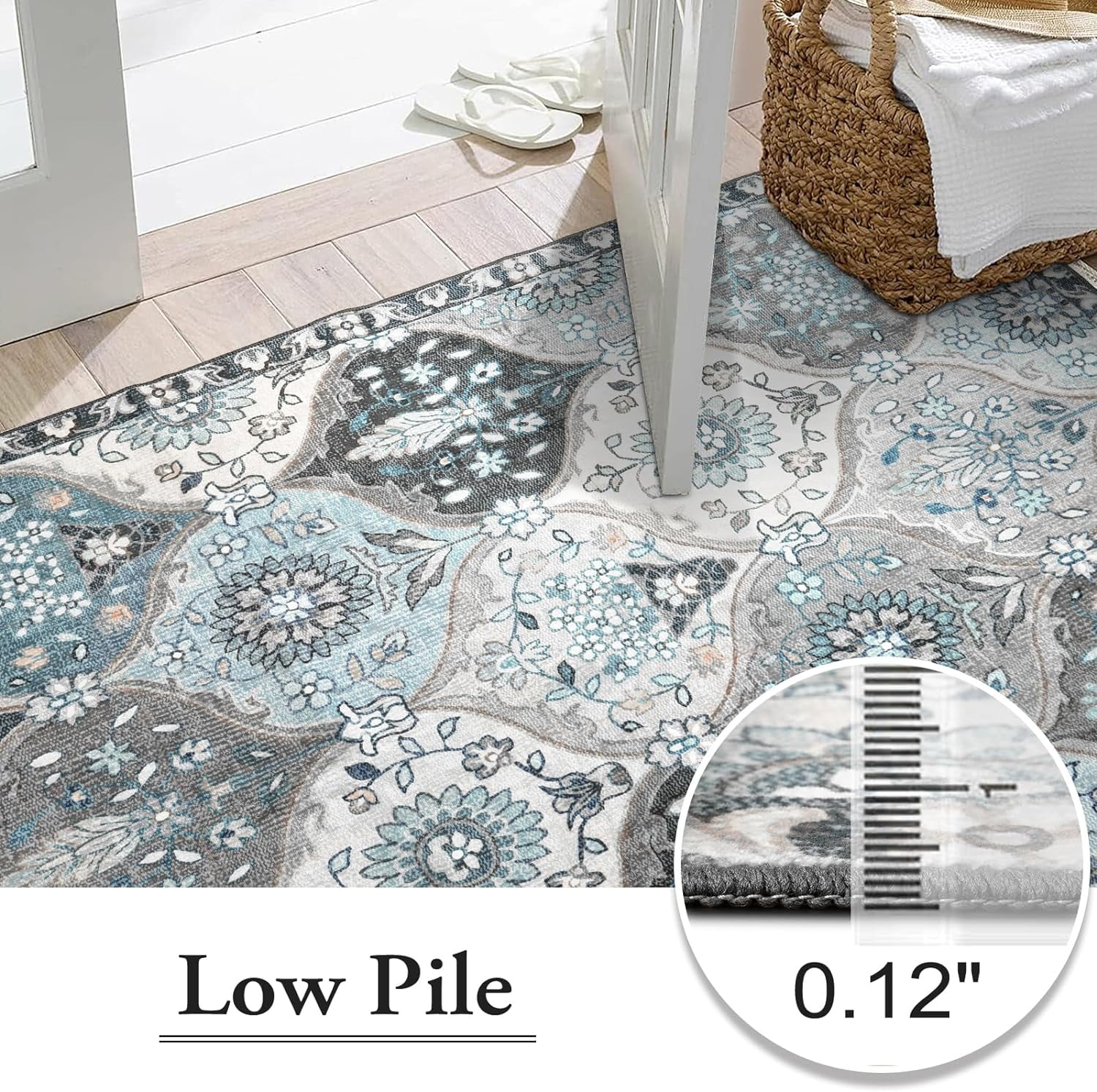 Moynesa 3'Round Moroccan Trellis Round Area Rugs - Washable Small Round Rug 3ft Non-Slip Soft Circle Rugs for Bedroom Vintage Ultra-Thin Throw Carpet for Entryway Kitchen Laundry Bathroom Blue