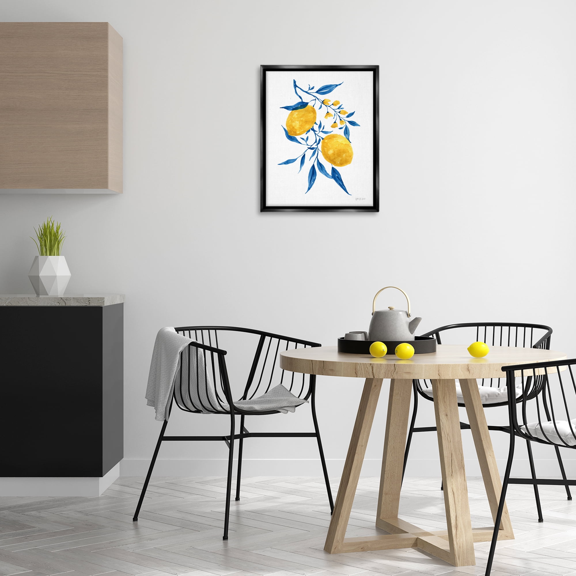Stupell Industries Lemons with Blue Leaves Food & Beverage Painting Black Floater Framed Canvas Art Print Wall Art, 17 x 21