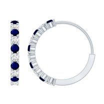 Rosec Jewels Real Blue Sapphire Hoop Earrings with Moissanite for Women - AAA Quality, 10K White Gold