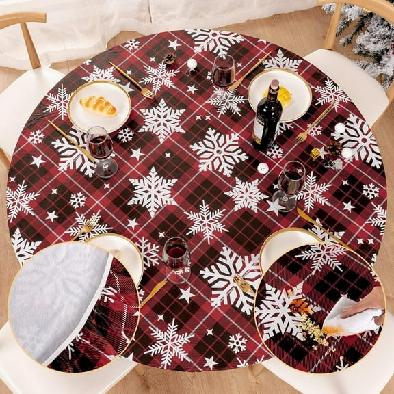 muroi Round Fitted Vinyl Christmas Tablecloth with Elastic Edged & Flannel Backing, Waterproof Wipeable Round Table Cover for Indoor Patio Use - Fits Tables up to 40"-44" Diameter(Snowflake)