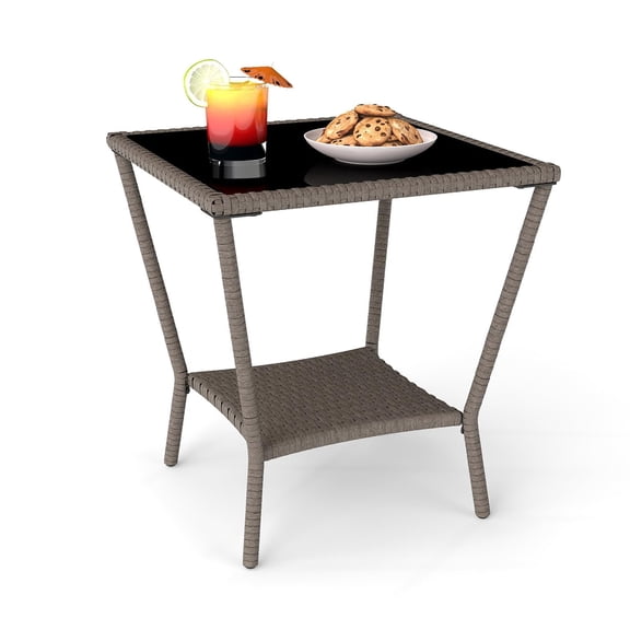 PPL Square Outdoor Patio Side Table with Glass Top - Durable Rattan & Metal Frame, Compact Wicker End Table with Storage Shelf for Garden, Balcony, Poolside