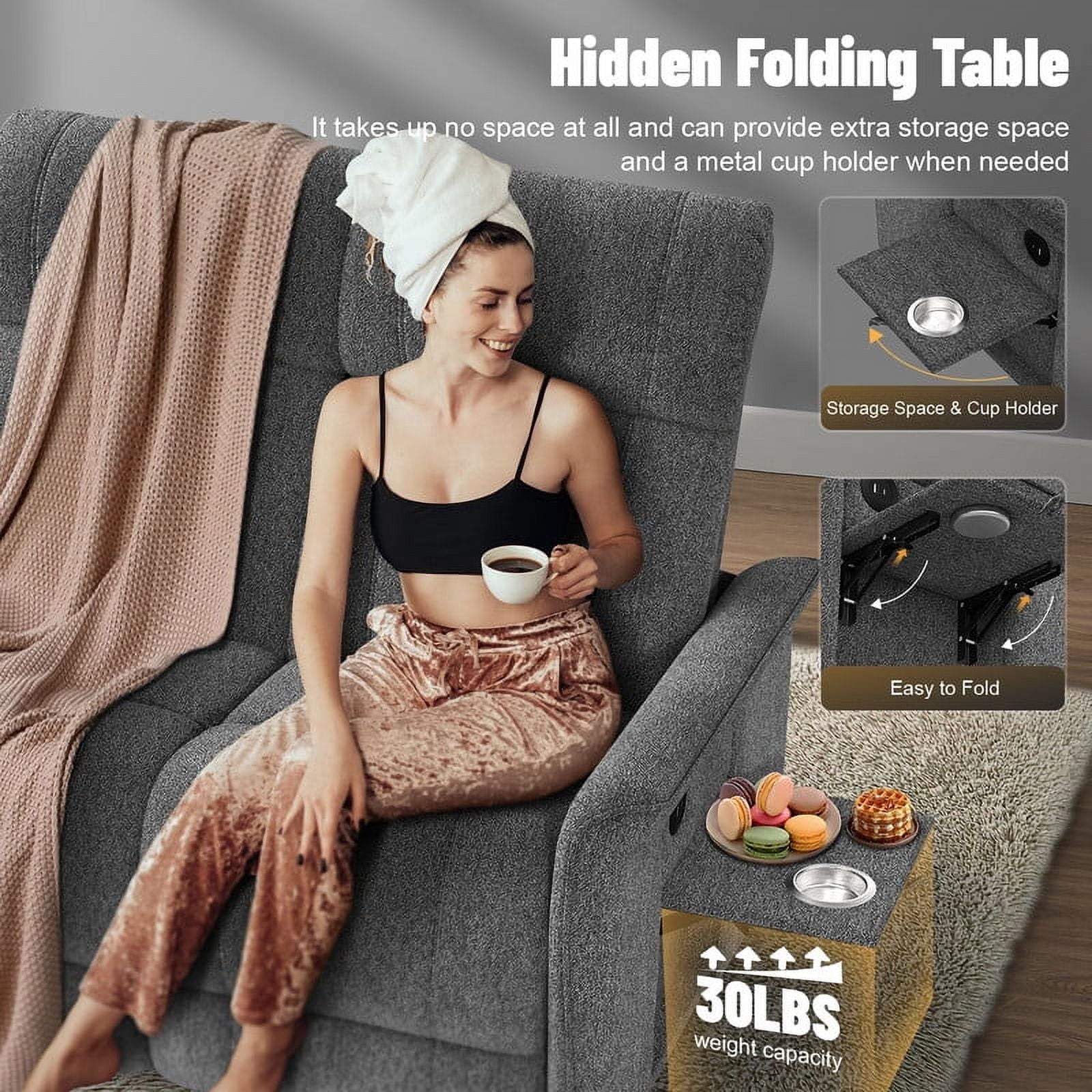 Loberfve Recliner Sofa, RV Reclining Loveseat with 2 Folding Side Table and Cup Holders, Manual Modern Loveseat Recliner Sofa with USB Ports, Gray