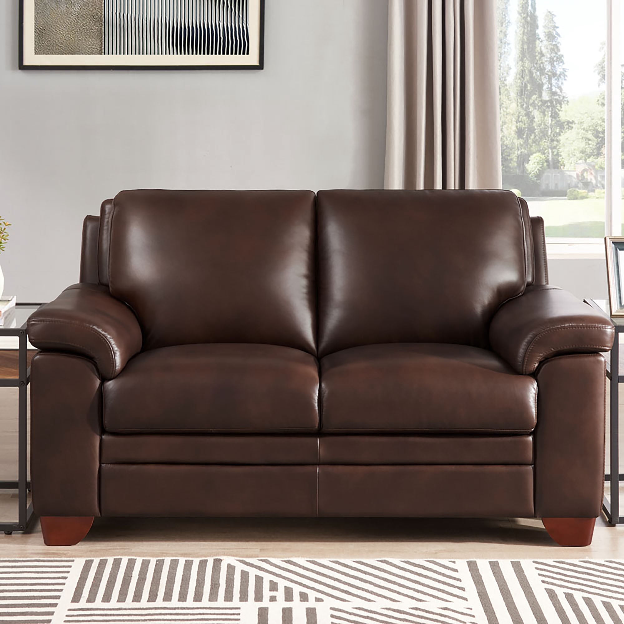 Hydeline Magnum Top Grain Leather Loveseat Chestnut Brown with Tapered Legs Memory Foam and Springs Seating