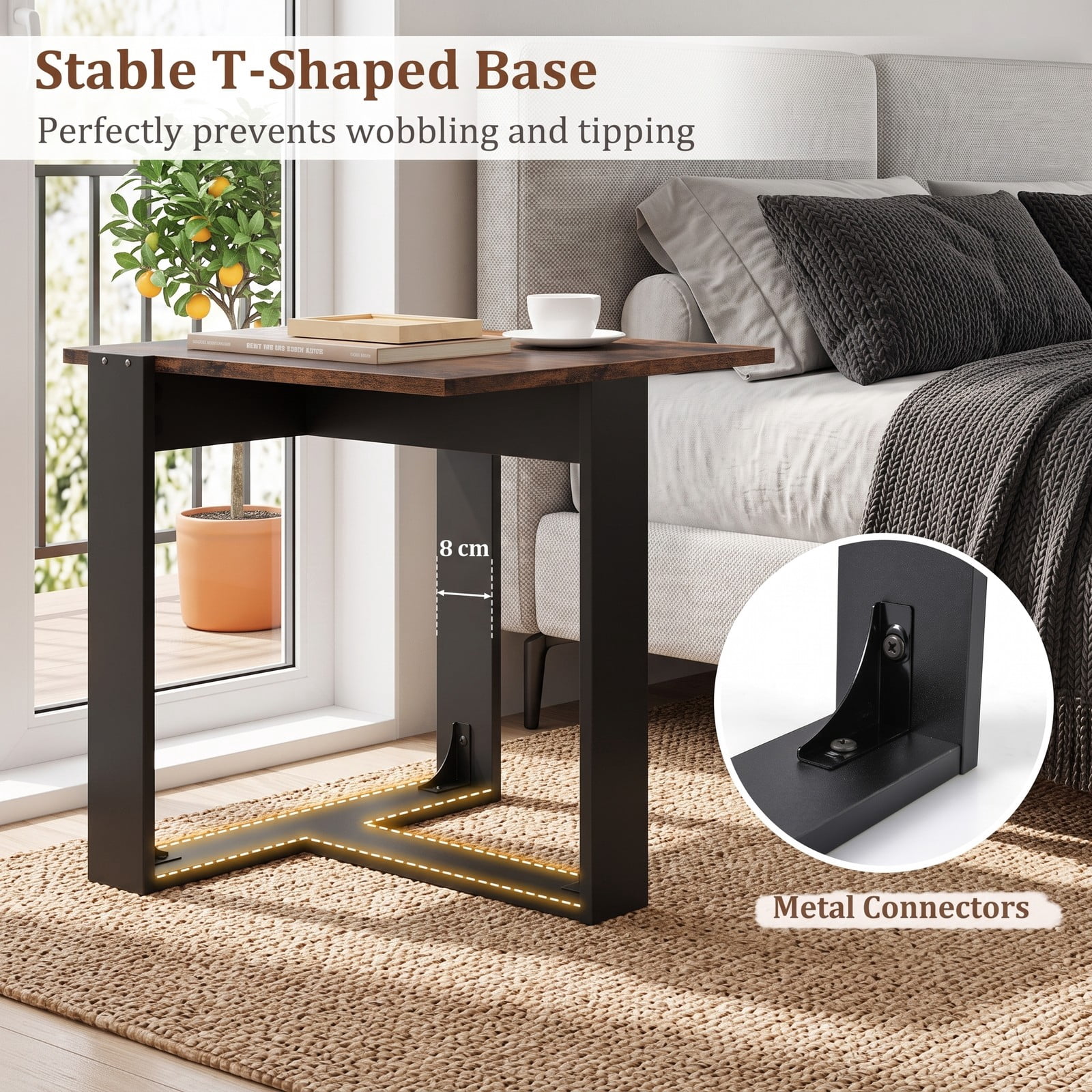 Furnibear Industrial Sofa End Table with Metal Frame, Wood Side Table Nightstand with T-Shaped Base for Living Room Bedroom, Space-Saving Media, Rustic Brown & Black