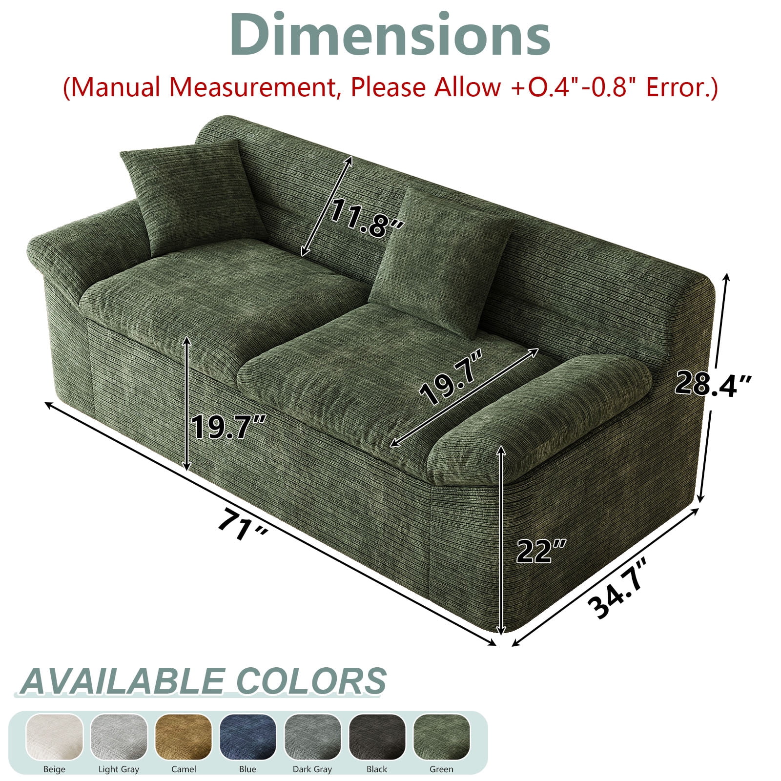 Leumius 71" Boneless Sofa,3 Setaser Couch with Deep Seat,Comfy Loveseat Sofa,for Living room, Bedroom,Conference room ,Apartment,No Assembly,Antique Green