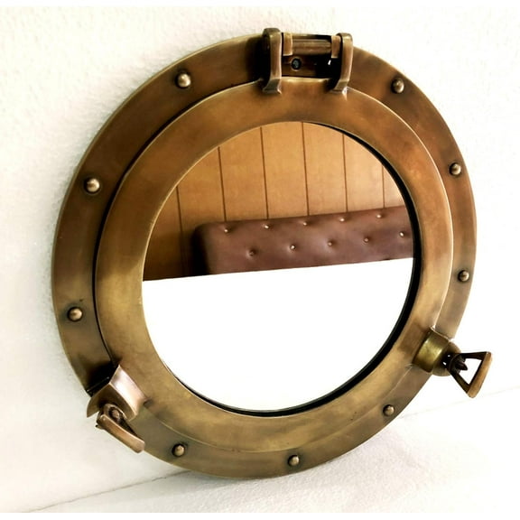 12" Antique Brown Finish Canal Boat Porthole-Window Ship Round Mirror Wall Home Decor