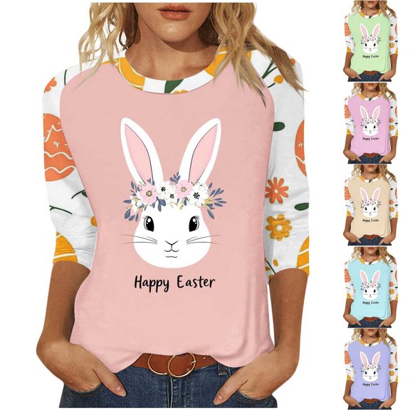 Inverlee Easter Tshirts for Women Cute Bunny Eggs Graphic Tees Loose Fit 3/4 Sleeve T Shirts Blouses Work Crewneck Dressy Casual Tops