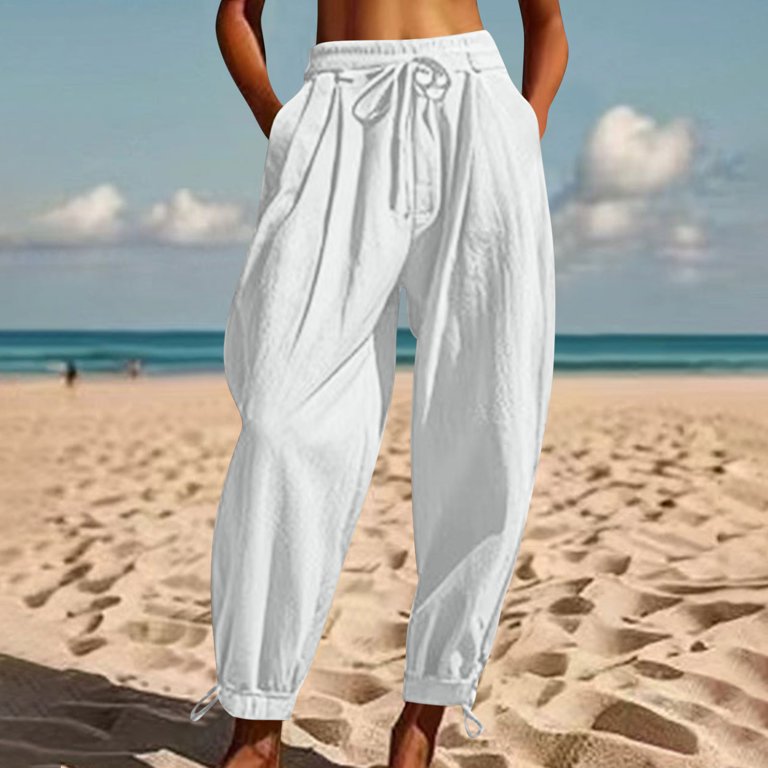 Horkkom Linen Pants Women Elastic Waist Drawstring Solid Color